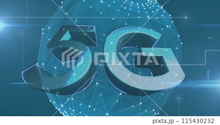 5g text over globe of network of connection against light trails on blue background 115430232