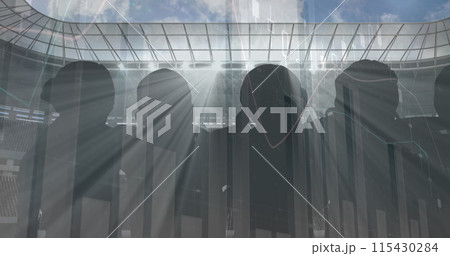 Statistical data processing against silhouette of fans cheering and sports stadium in background 115430284