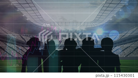 Statistical data processing against silhouette of fans cheering and sports stadium in background Statistical data processing against silhouette of fans cheering and sports stadium in background 115430301