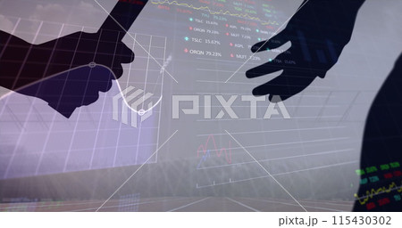 Stock market data processing against silhouette of hand passing a baton against sports field 115430302