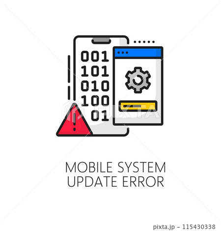 Mobile system software update error color thin line icon. Smartphone app maintenance technology, phone update download thin line vector pictogram with binary code on smartphone screen and cogwheel Mobile system software update error color thin line icon. Smartphone app maintenance technology, phone update download thin line vector pictogram with binary code on smartphone screen and cogwheel 115430338