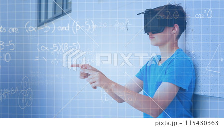 Image of mathematical equations over schoolchildren using vr headsets 115430363