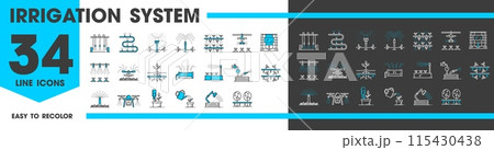 Drip water irrigation system line icons of garden and farm field sprinklers, vector irrigate technology. Irrigation system icons of watering pipe hose and spray sprinkler for agriculture and farming 115430438