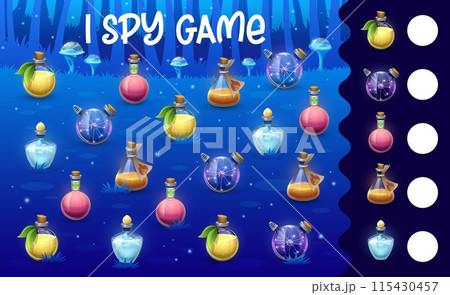 Halloween kids I spy game with witch magic potion bottles on fairy forest meadow. Math puzzle vector worksheet of find and count quiz with cartoon Halloween holiday potion bottles, jars and flasks Halloween kids I spy game with witch magic potion bottles on fairy forest meadow. Math puzzle vector worksheet of find and count quiz with cartoon Halloween holiday potion bottles, jars and flasks 115430457