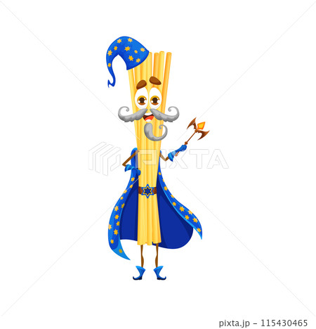 Cartoon Halloween italian pasta wizard character. Isolated vector spaghetti with pointy hat, beard, and mustaches holding magic wand. Cheeky smile and big eyes convey a fun and mischievous personage 115430465