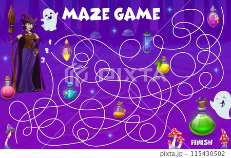 Halloween labyrinth maze, help to witch find magic potion bottle, vector game worksheet. Kids cartoon puzzle to help to witch find way to magic elixir potion bottles in forest labyrinth maze Halloween labyrinth maze, help to witch find magic potion bottle, vector game worksheet. Kids cartoon puzzle to help to witch find way to magic elixir potion bottles in forest labyrinth maze 115430502