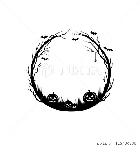 Halloween black frame with pumpkins, bats and spider on cobweb in forest tree border, vector silhouette. Halloween holiday greeting card frame with scary spooky lantern pumpkins and haunted forest 115430539