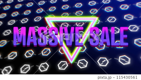 Image of massive sale over triangle and navy background with shapes 115430561