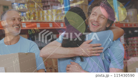 Statistical data processing over diverse male and female volunteers hugging each other at warehouse 115430590