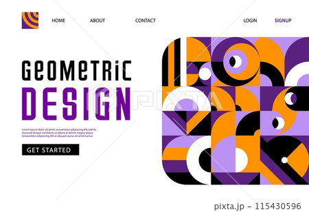 Landing page with modern Halloween abstract geometric Bauhaus pattern. Startup website page layout, company social media homepage vector template or business project landing with Bauhaus elements Landing page with modern Halloween abstract geometric Bauhaus pattern. Startup website page layout, company social media homepage vector template or business project landing with Bauhaus elements 115430596