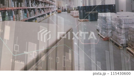 Digital composition of statistical data processing against warehouse in background Digital composition of statistical data processing against warehouse in background 115430600