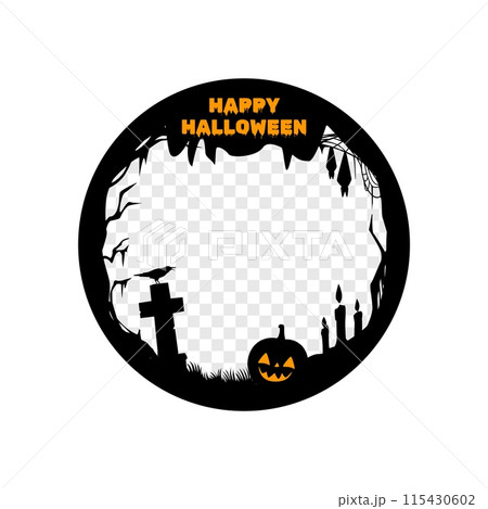 Halloween social media post frame template features round border with ghostly details. Spooky background with black and orange colors, bats, pumpkin face, cemetery tombs, candles and raven silhouettes 115430602