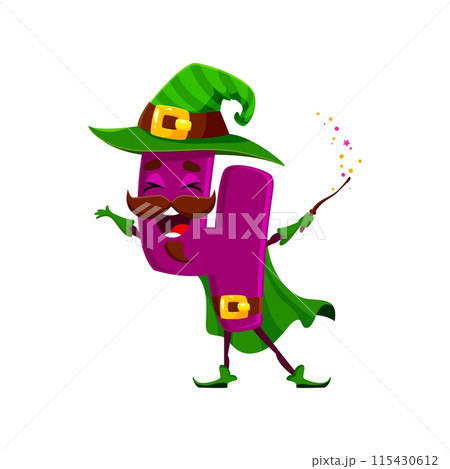 Cartoon Halloween math number four wizard character. School math number sorcerer childish mascot, mathematics 4 digit warlock or numeric symbol mage isolated vector happy personage with magic wand Cartoon Halloween math number four wizard character. School math number sorcerer childish mascot, mathematics 4 digit warlock or numeric symbol mage isolated vector happy personage with magic wand 115430612