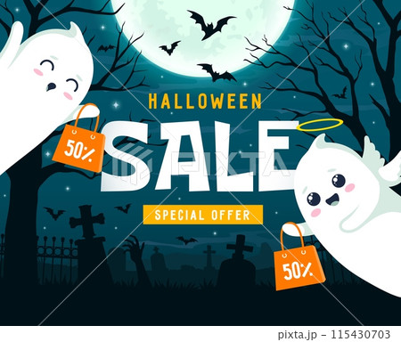 Kawaii ghosts on midnight holiday cemetery. Halloween sale banner. Cartoon vector ads background for autumn seasonal discount offer. Advertisement card with funny flying white sheet spirits at night 115430703