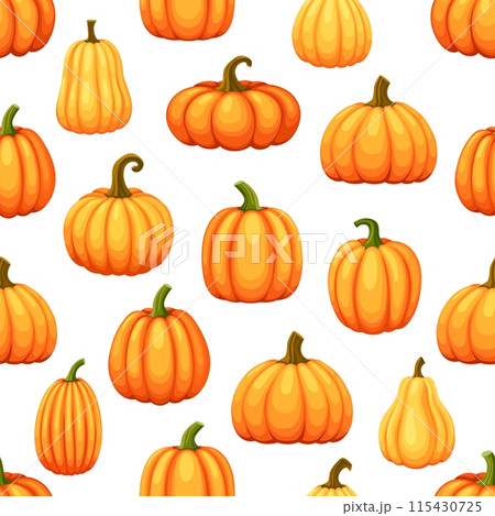 Cartoon ripe raw pumpkins seamless pattern. Vector background in warm orange hues intertwining gracefully, creating vibrant and autumnal motif that exudes the essence of harvest and seasonal abundance Cartoon ripe raw pumpkins seamless pattern. Vector background in warm orange hues intertwining gracefully, creating vibrant and autumnal motif that exudes the essence of harvest and seasonal abundance 115430725