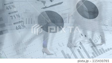 Image of financial data processing over business people walking in office 115430765