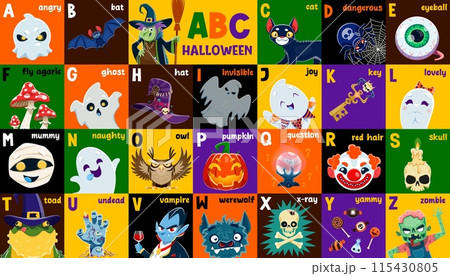 Halloween holiday alphabet, abc kids type. Vector letters with cartoon horror monsters characters. English abc with ghost, zombie, skull and pumpkin, trick or treat candies, witch, vampire personages Halloween holiday alphabet, abc kids type. Vector letters with cartoon horror monsters characters. English abc with ghost, zombie, skull and pumpkin, trick or treat candies, witch, vampire personages 115430805