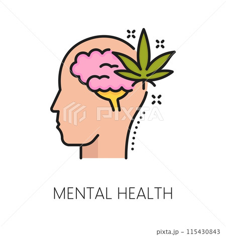 Medical cannabis mental health color line icon. Medicine cannabis drug linear icon, medical weed plant or natural marijuana product outline vector sign or pictogram with human head and brain 115430843