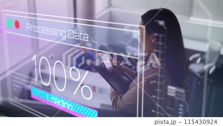 Image of data processing over biracial businesswoman using smartphone Image of data processing over biracial businesswoman using smartphone 115430924