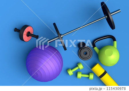 Isometric view of sport equipment like kettlebell, fitness ball and dumbbells 115430978