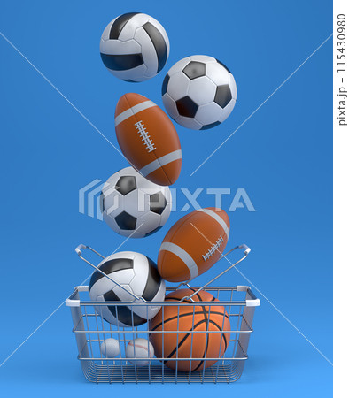 Set of ball like basketball, football and golf in shopping basket on blue 115430980