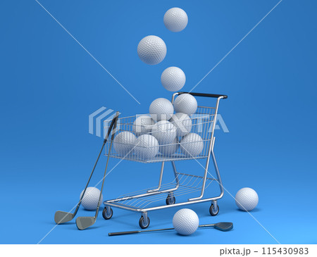 Set of ball like basketball, football and golf in shopping cart on blue Set of ball like basketball, football and golf in shopping cart on blue 115430983