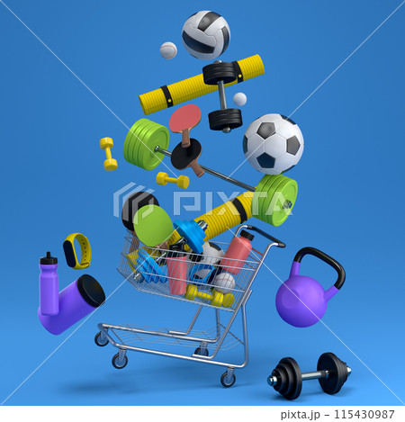 Sport equipment for fitness, gym, crossfit in shopping cart on blue 115430987
