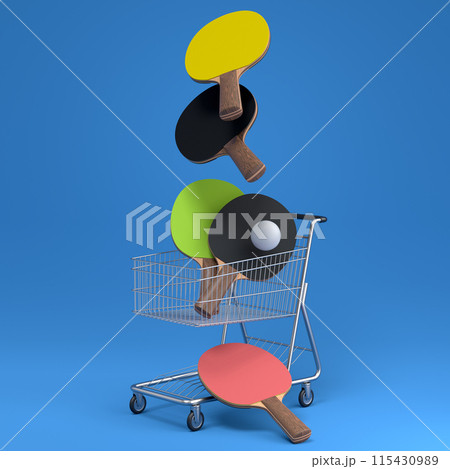 Sport equipment like ping pong racquet for fitness or crossfit in shopping cart 115430989