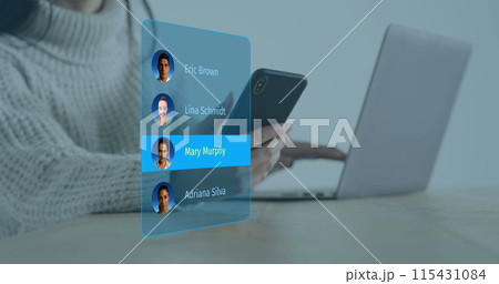 Image of social media people profiles over caucasian woman using laptop and smartphone 115431084
