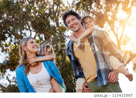 Happy family, walking and piggyback for kids with parents in a park with love, games and fun bonding in nature. Support, playing and people in a forest for back ride, travel and trust on vacation 115431097