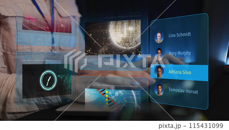 Image of social media posts and people profiles over hands typing on keyword 115431099
