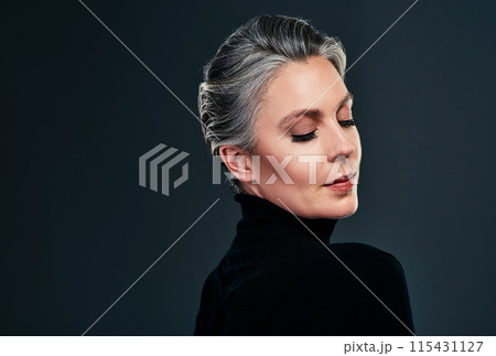 Woman, calm and beauty in studio, skincare and confident for cosmetic on gray background. Female person, transformation and dermatology pride or mockup space, foundation and facial treatment for glow 115431127