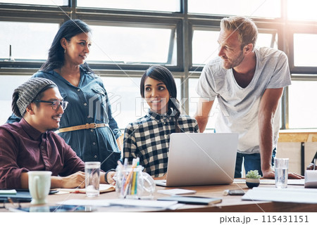 People, journalists and business meeting for planning or feedback of magazine, blog and design layout in office. Freelance writers, creative team and laptop with paperwork for seo research and advice 115431151