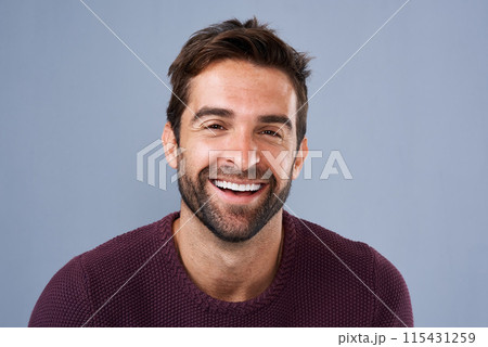Happy, employee and face of man, studio and proud with career in media, creative and cheerful in New York. Blue background, portrait and confidence of journalist, person and staff in business of USA 115431259