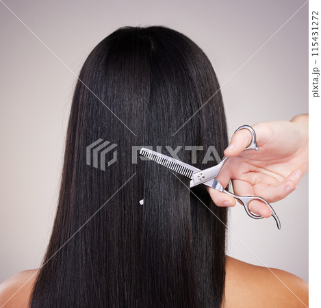 Woman, hair cut and scissors in hand on studio white background for grooming and trimming. Female person, beauty and salon style isolated on backdrop for maintenance, transformation with back view 115431272