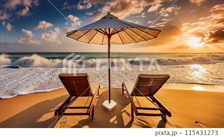 Two empty sun loungers under white parasol on the sandy beach near the sea 115431273