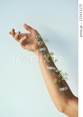 Space, skincare or hand with flower tape in studio for natural, sustainable or eco friendly cosmetics on blue background. Art, healing or person with babys breath plant pattern for self care growth 115431275
