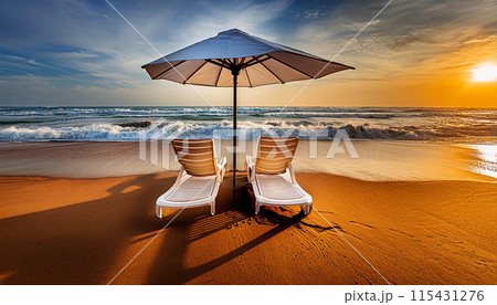 Two empty sun loungers under white parasol on the sandy beach near the sea 115431276
