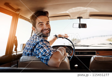 Car, driver and man in portrait for adventure, travel and weekend holiday as journey to California. Outdoor, vehicle and transport of happy traveler or guy for vacation, road trip and summer break 115431277