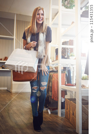 Smile, woman and shopping bag for retail fashion package as customer, commerce or luxury products as discount sale. Happy, female client and paper bag of clothes as designer brand in Paris holiday Smile, woman and shopping bag for retail fashion package as customer, commerce or luxury products as discount sale. Happy, female client and paper bag of clothes as designer brand in Paris holiday 115431355