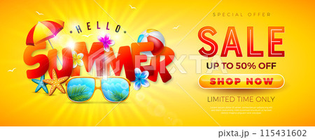 Summer Sale Design with Flower, Beach Holiday Elements and Paper Text Label on Yellow Background. Tropical Floral Vector Illustration with Special Offer Typography for Coupon, Voucher, Banner, Flyer Summer Sale Design with Flower, Beach Holiday Elements and Paper Text Label on Yellow Background. Tropical Floral Vector Illustration with Special Offer Typography for Coupon, Voucher, Banner, Flyer 115431602