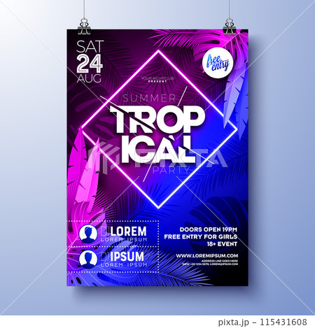 Summer Party Flyer Design Template with Glowing Neon Light on Fluorescent Tropic Leaves Background. Vector Summer Celebration Holiday Illustration for Banner, Flyer, Invitation or Celebration Poster. 115431608