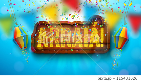 Festa Junina Illustration with Portugal Arraia Lettering on Vintage Wood Board on Sky Blue Background. Vector Brazil June Sao Joao Festival Design with Party Flags and Paper Lantern for Greeting Card 115431626