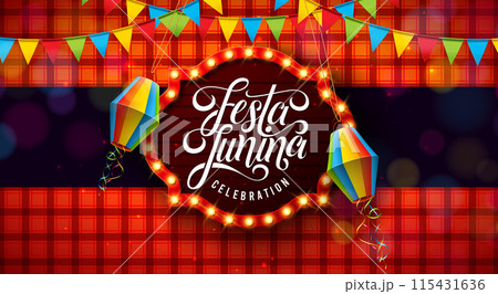 Festa Junina Illustration with Light Bulb Garland, Colorful Paper Lantern and Typography Letter on Red Checkered Background. Vector Festa de Sao Joao Brazilian June Traditional Holiday Festival Design 115431636