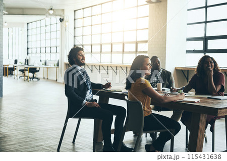 Notes, listen or people in meeting for presentation, learning or teaching teamwork in startup workshop. Plan, feedback or designers in office for group training, coaching class or project discussion 115431638