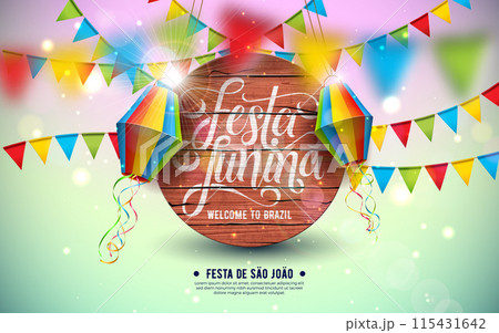 Festa Junina Illustration with Party Flags and Paper Lantern on Light Green Background. Vector Brazil June Sao Joao Festival Design with Typography Letter on Vintage Wood Board for Greeting Card 115431642
