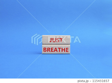 Just Breathe symbol. Wooden blocks with words Just Breathe. Beautiful blue background. Business and Just Breathe concept. Copy space. 115431657
