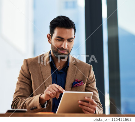 Business, man and serious in office on tablet for internet, information and networking. Startup, entrepreneur and online for research, app and communication with digital application for funding 115431662