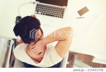 Laptop, office and woman with neck pain, stress and risk management in office from above. Tired, frustrated and businesswoman at computer for research with fatigue, online project and audit burnout Laptop, office and woman with neck pain, stress and risk management in office from above. Tired, frustrated and businesswoman at computer for research with fatigue, online project and audit burnout 115431736