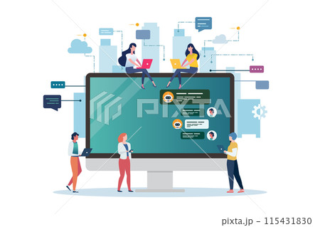 Social network web site surfing concept with computer screen. Global Business Concept. Teamwork Cooperation with Business People Characters. Social network web site surfing concept with computer screen. Global Business Concept. Teamwork Cooperation with Business People Characters. 115431830